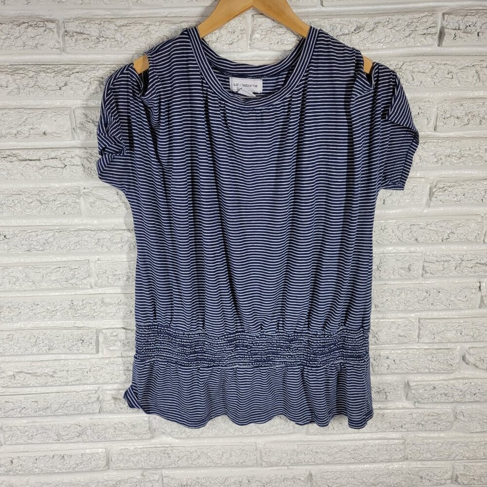 Liz Claiborne Women Top XL Dolman Sleeve Blue Stripe Lightweight Linen‎ STR13E